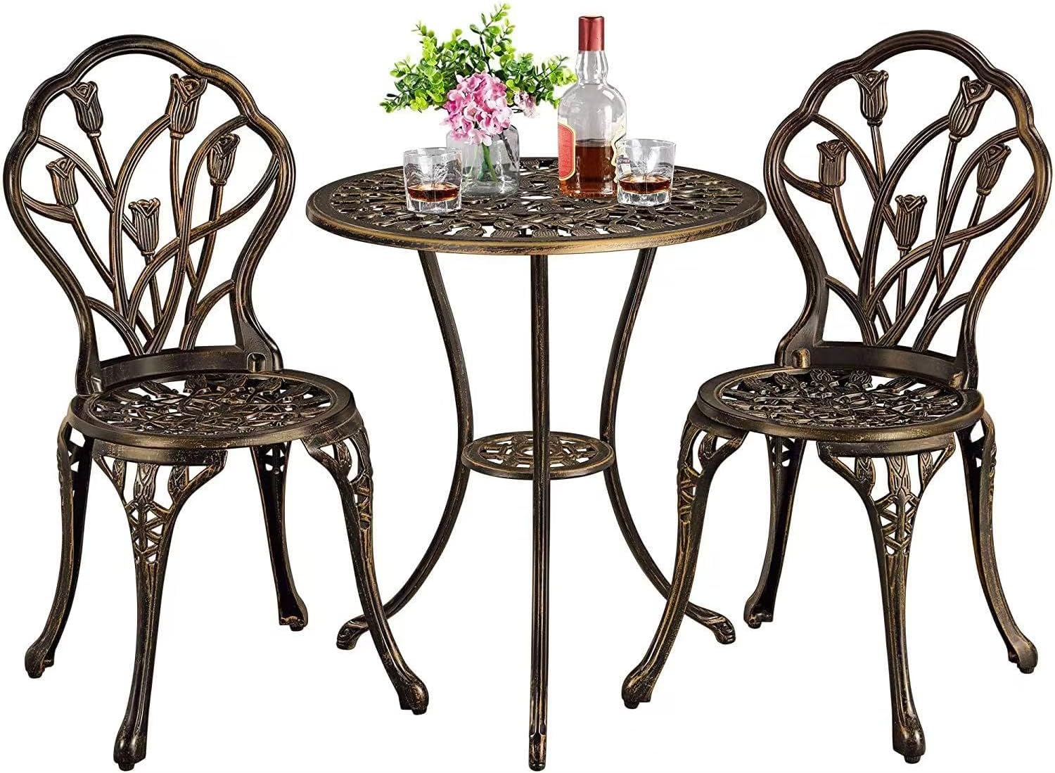 3-Piece Outdoor Bistro Set Cast Aluminum Patio bar Set with Umbrella Hole, Balcony, Backyard